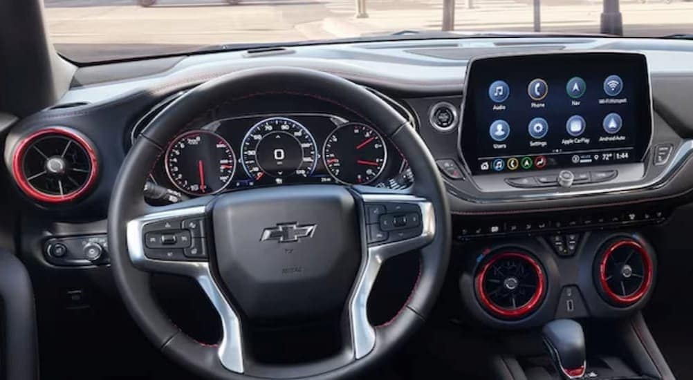 The black interior of a 2024 Chevy Blazer is shown.
