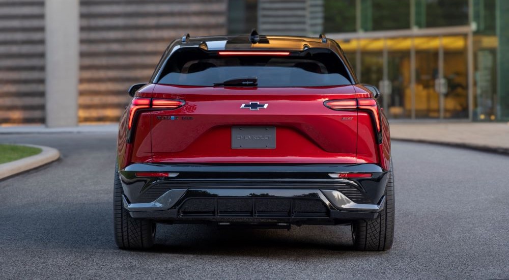 A rear view of a red 2024 Chevy Blazer EV SS.