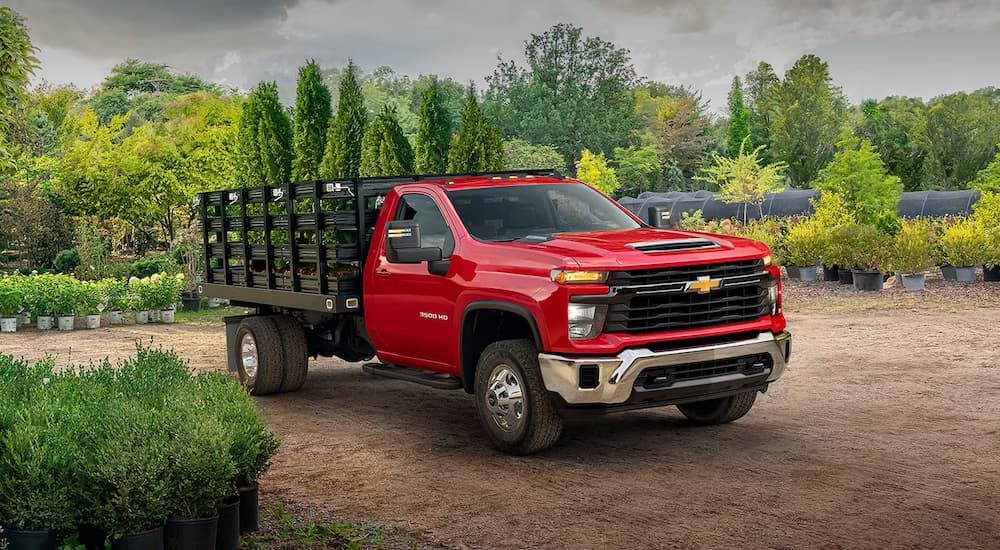 A red 2026 Chevy Silverado 3500 HD Chassis Cab parked at a nursery