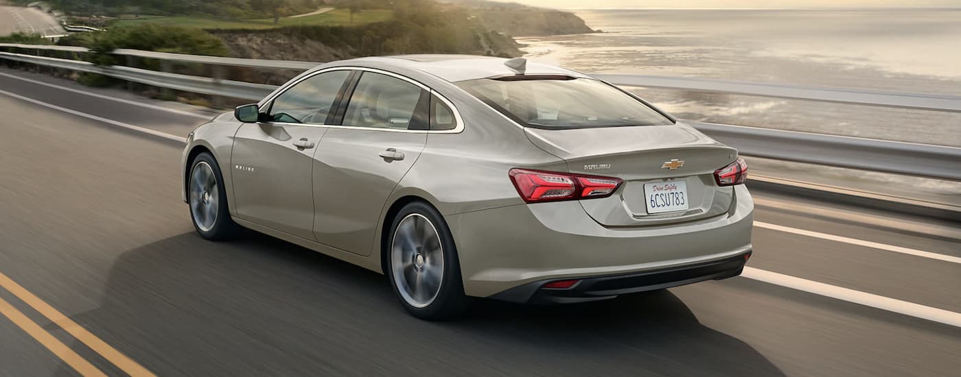 Rear of a grey 2023 Chevy Malibu driving down a road.